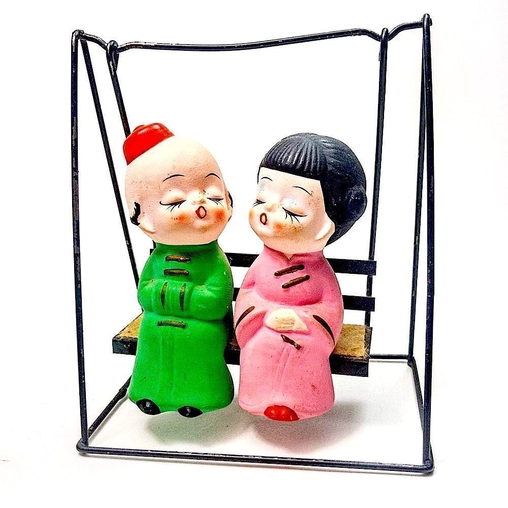 MCM Hand Painted Bisque Porcelain Kissing Couple Swing Japan